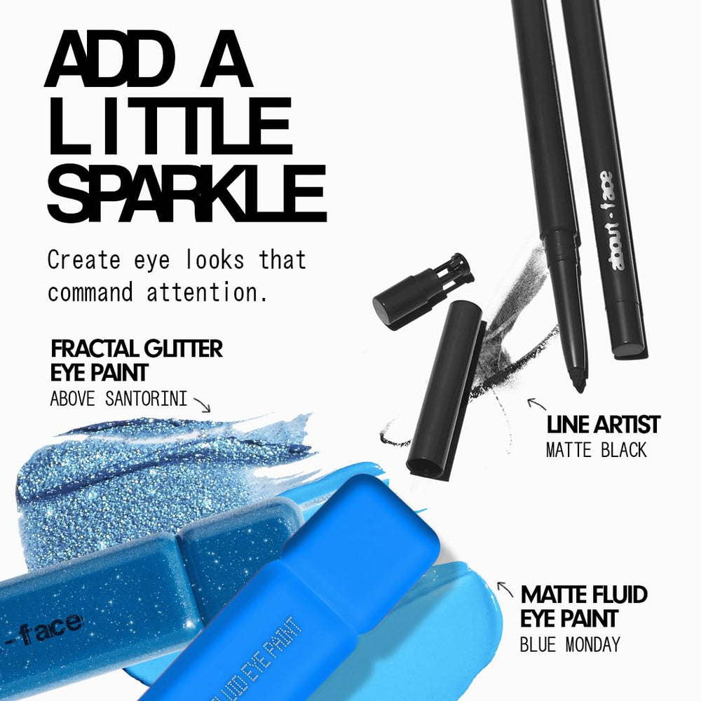 aboutface Fractal Glitter Eye Paint Above Santorini compact in travel-friendly case