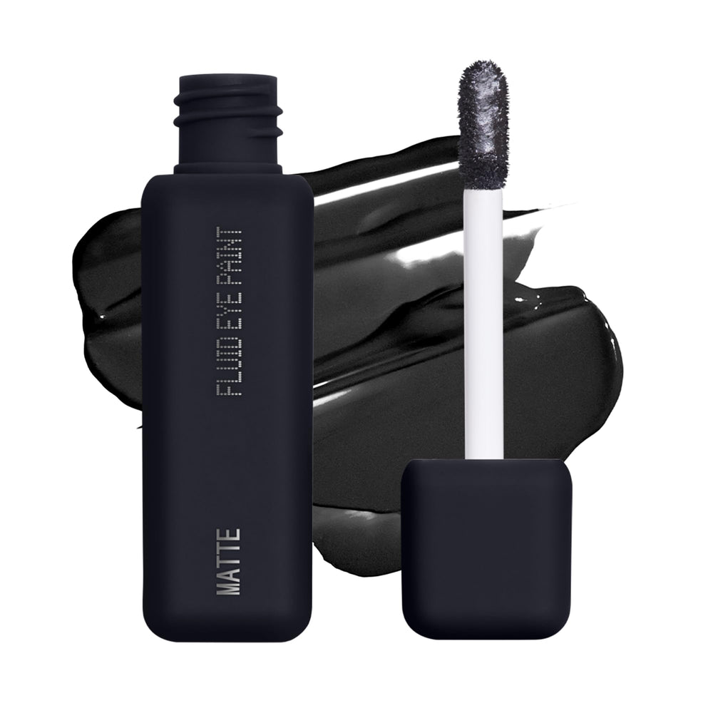 about-face Matte Fluid Eye Paint Art of Darkness bottle closeup shows bold pigment for dramatic lids