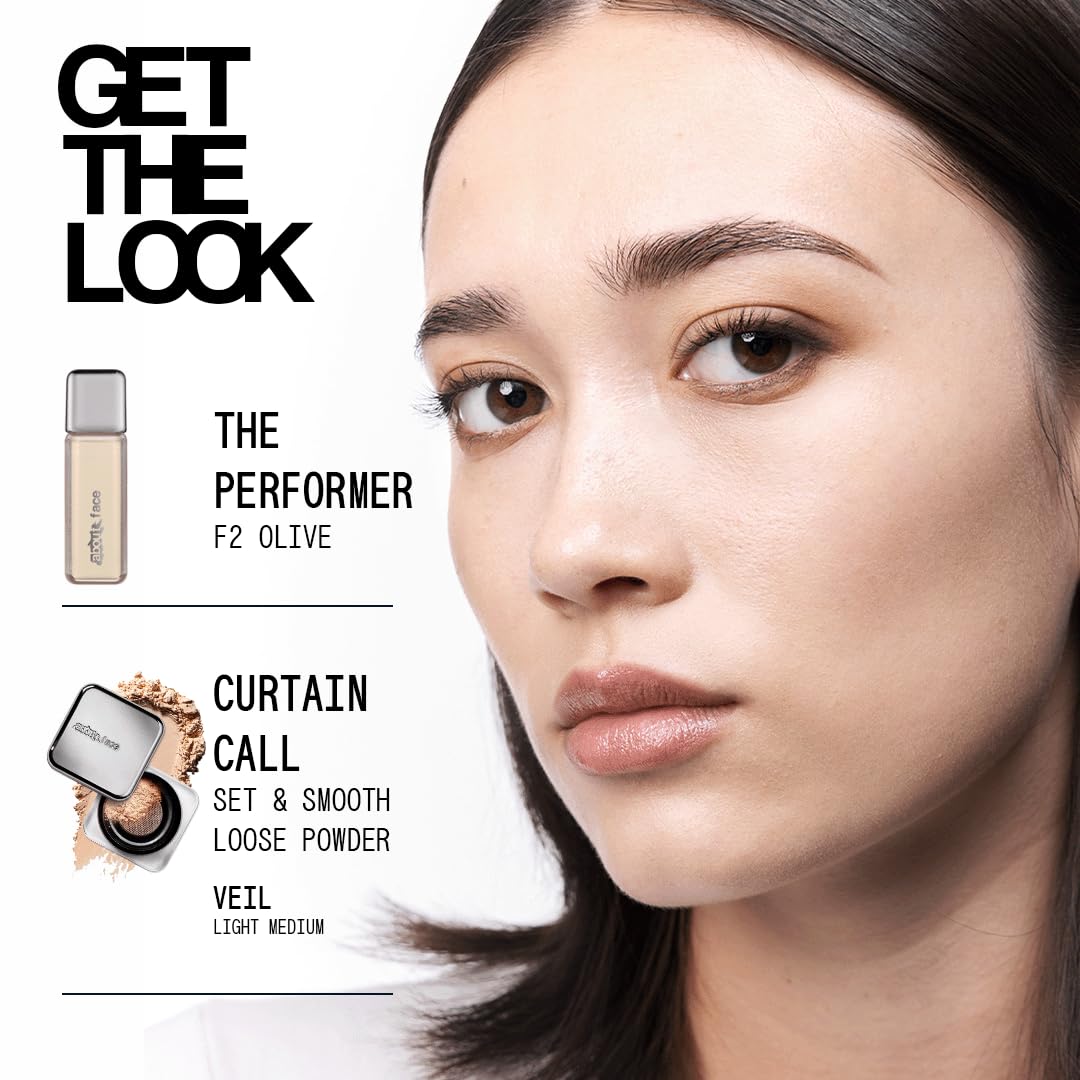 about-face THE PERFORMER vegan label close-up reinforces clean, cruelty-free foundation choice
