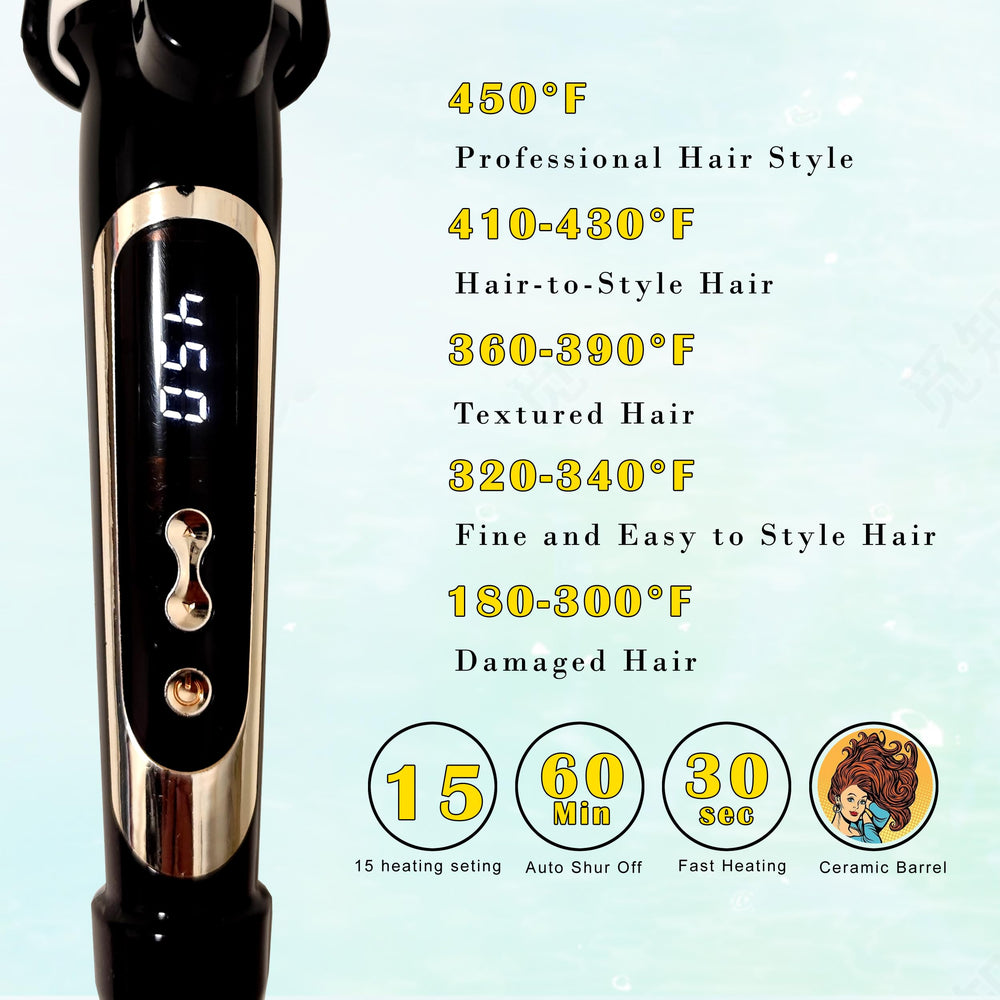 ABP curling iron temperature display demonstrates precise heat control for customizable styles.