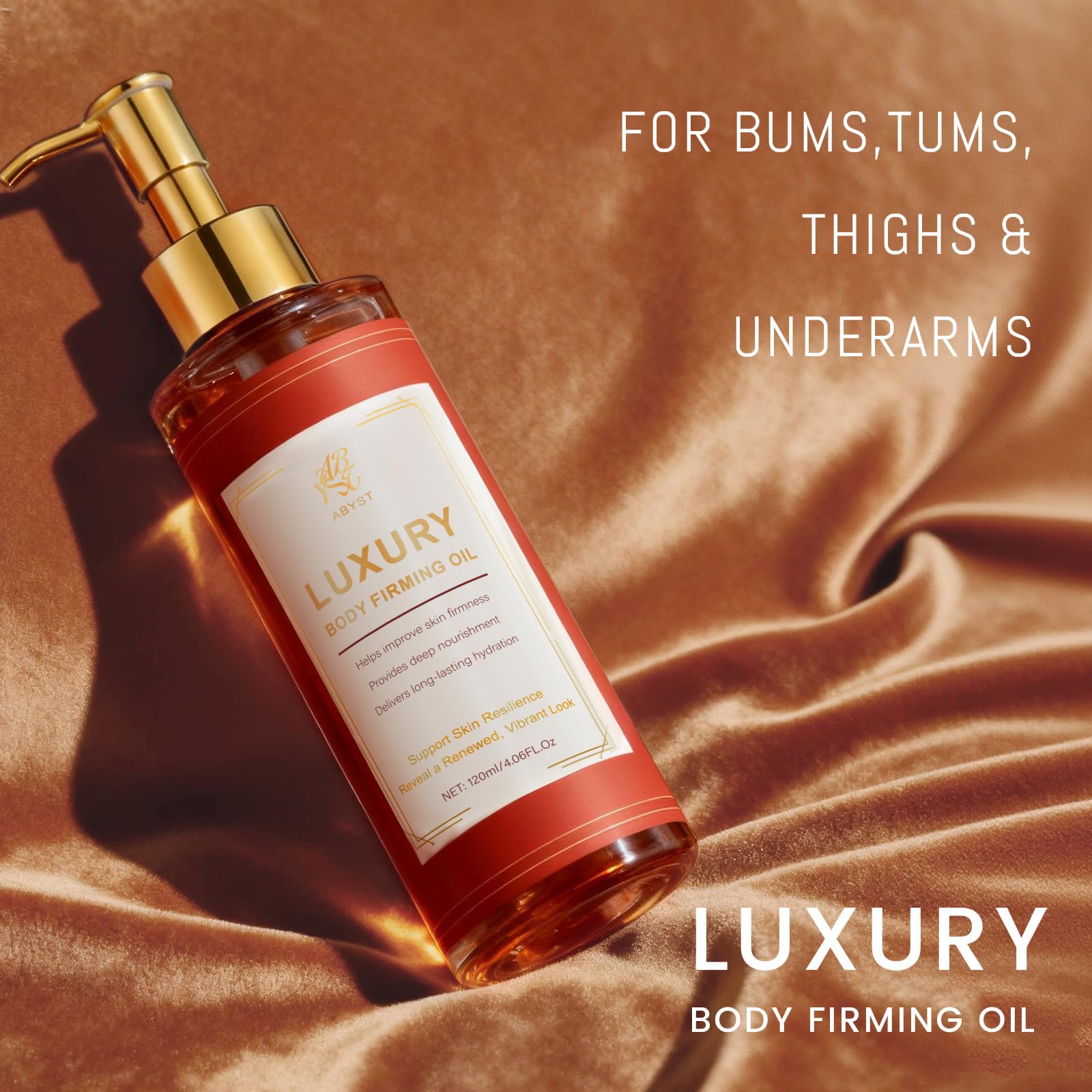 ABYST Body Firming Oil bottle pour illustrating easy application and nourishment.