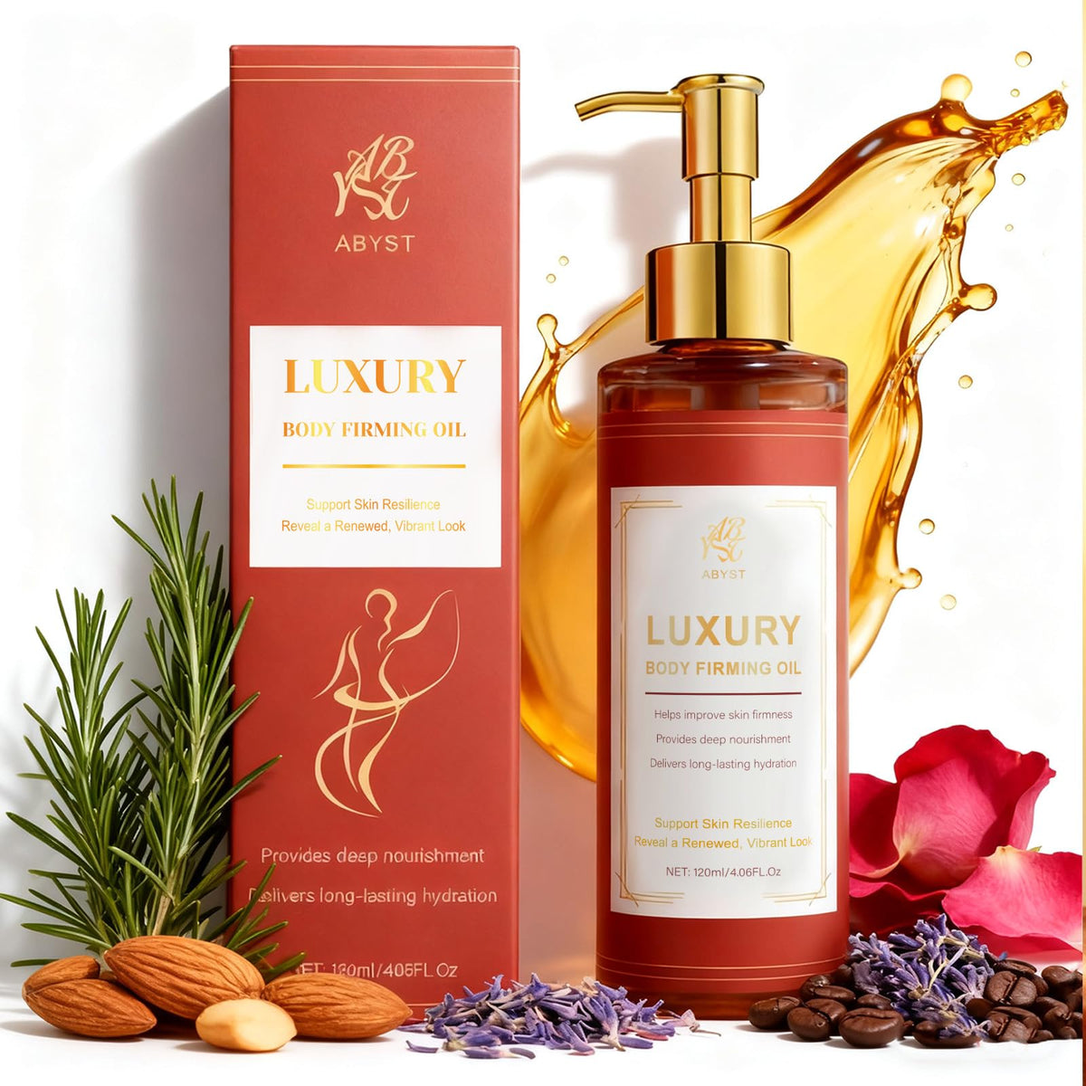 ABYST Body Firming Oil bottle showcasing premium hydration for smoother skin.