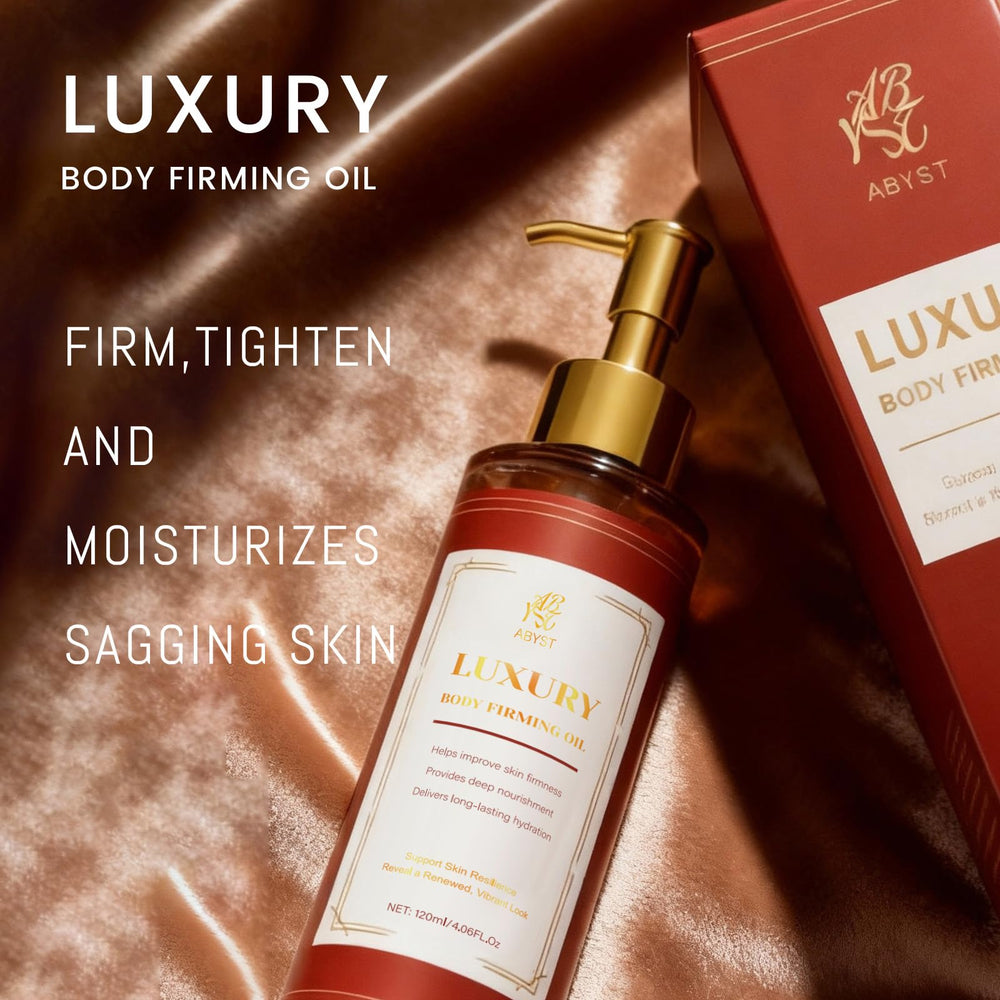 ABYST Body Firming Oil daily-use shot suggesting a regular hydrating ritual.