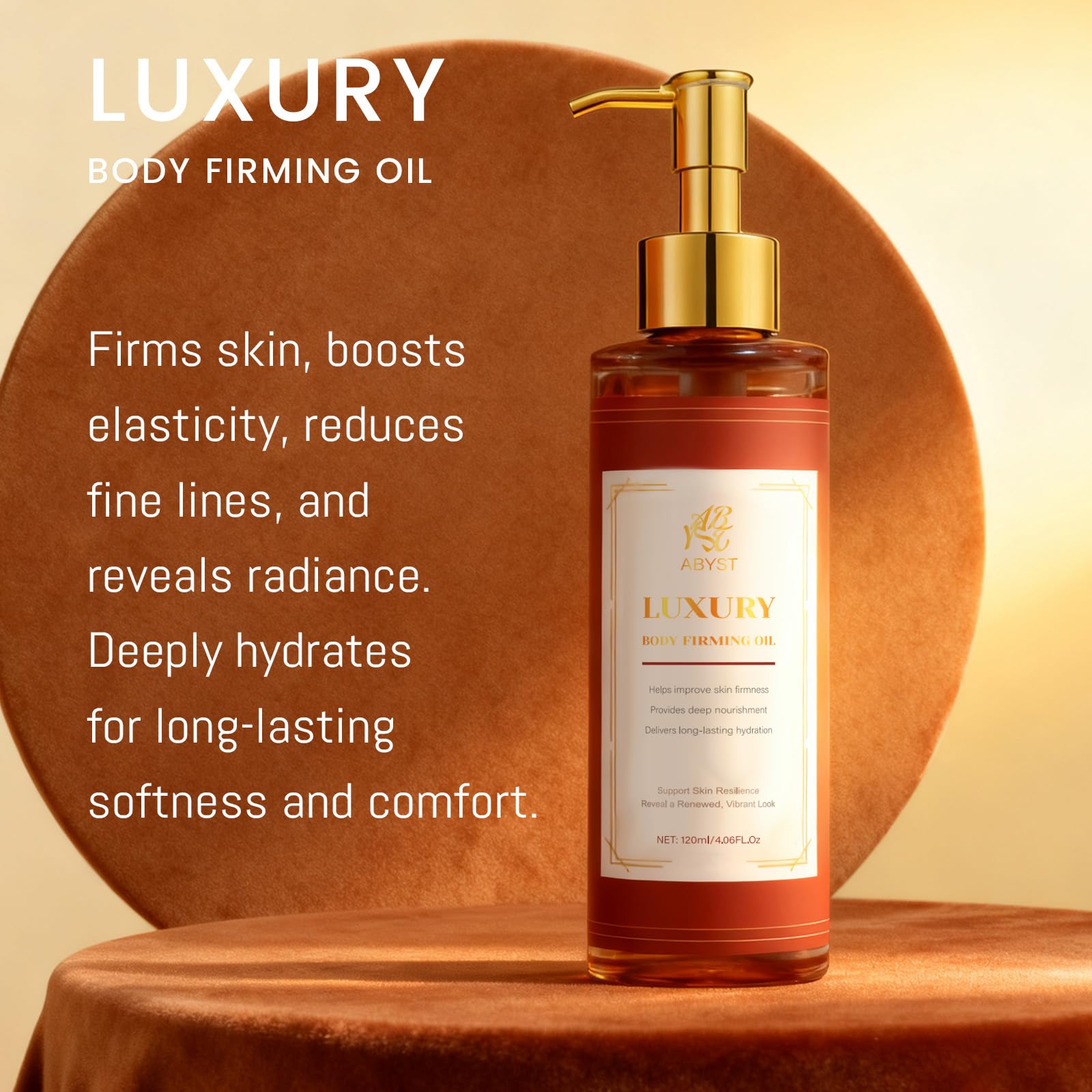 ABYST Body Firming Oil massage action demonstrating smoothing, supple skin during routine.