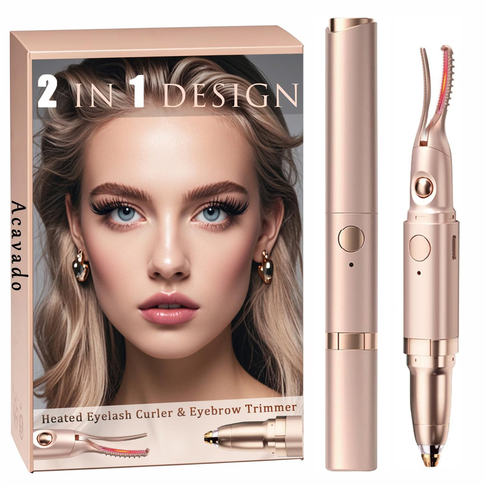 Acavado 2-in-1 heated eyelash curler full view for rapid lash lift and defined brows.