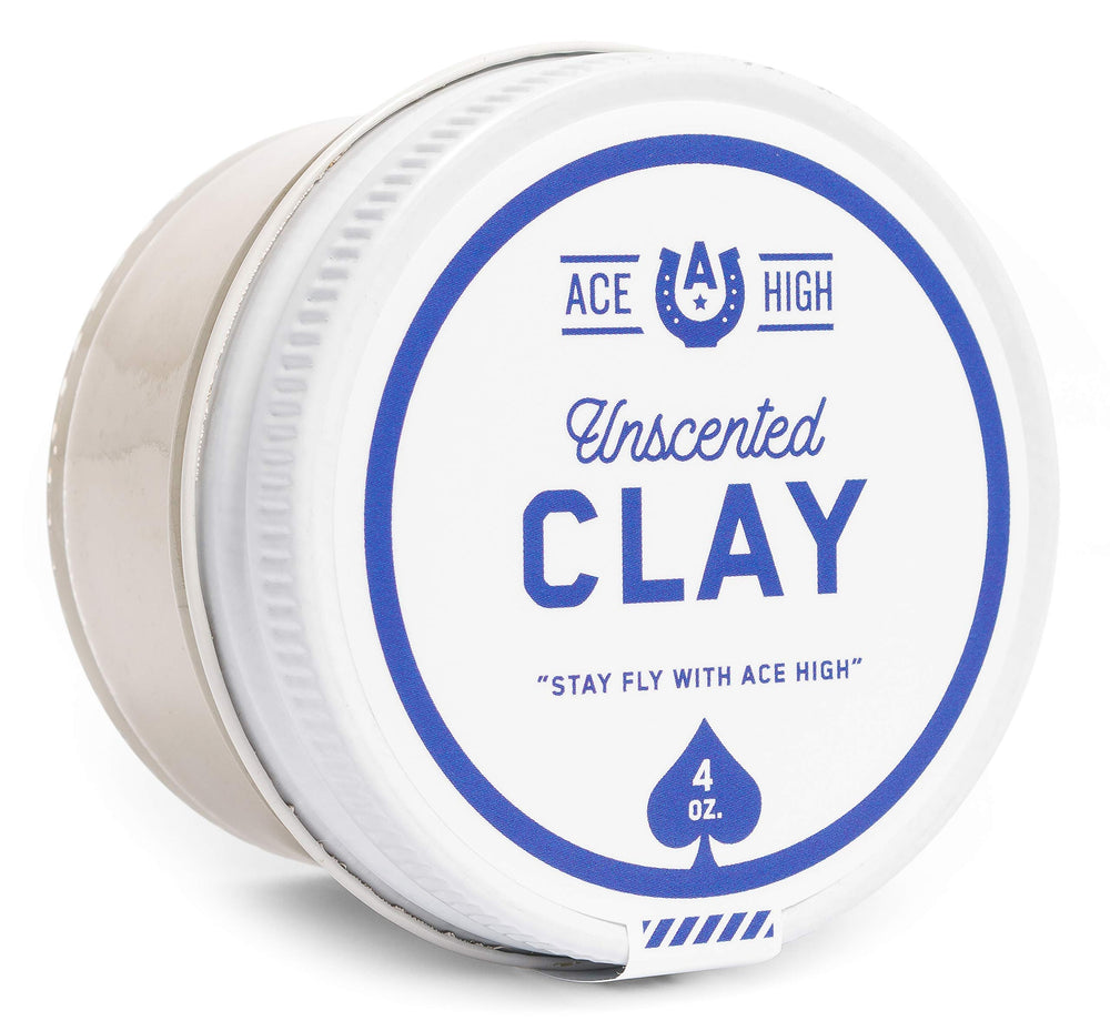 Ace High Unscented Hair Clay bottle shows strong hold for styling.