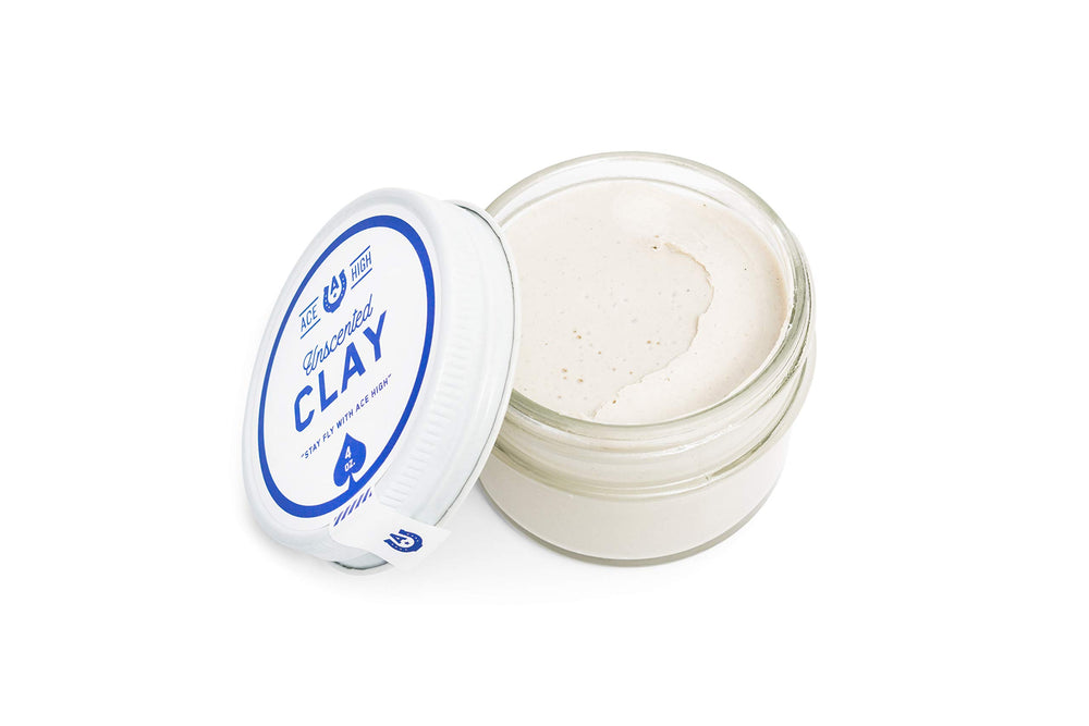 Ace High Unscented Hair Clay washes out clean with water-based formula.