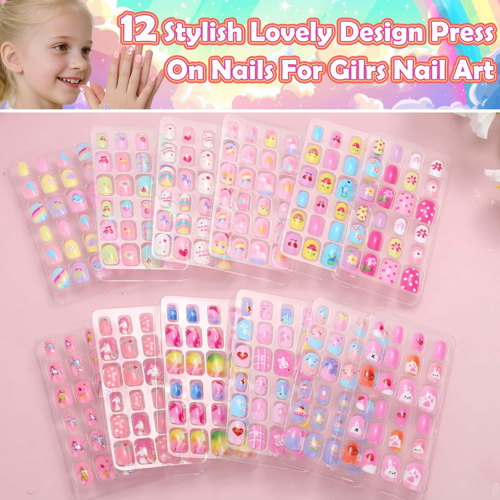 Acejoz kids nails press-ons patterns closeup showing vibrant designs for party looks.