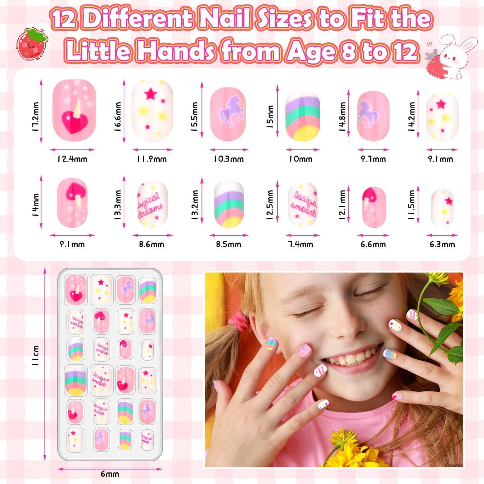 Acejoz kids nails press-ons size range helps fit growing children's nails.