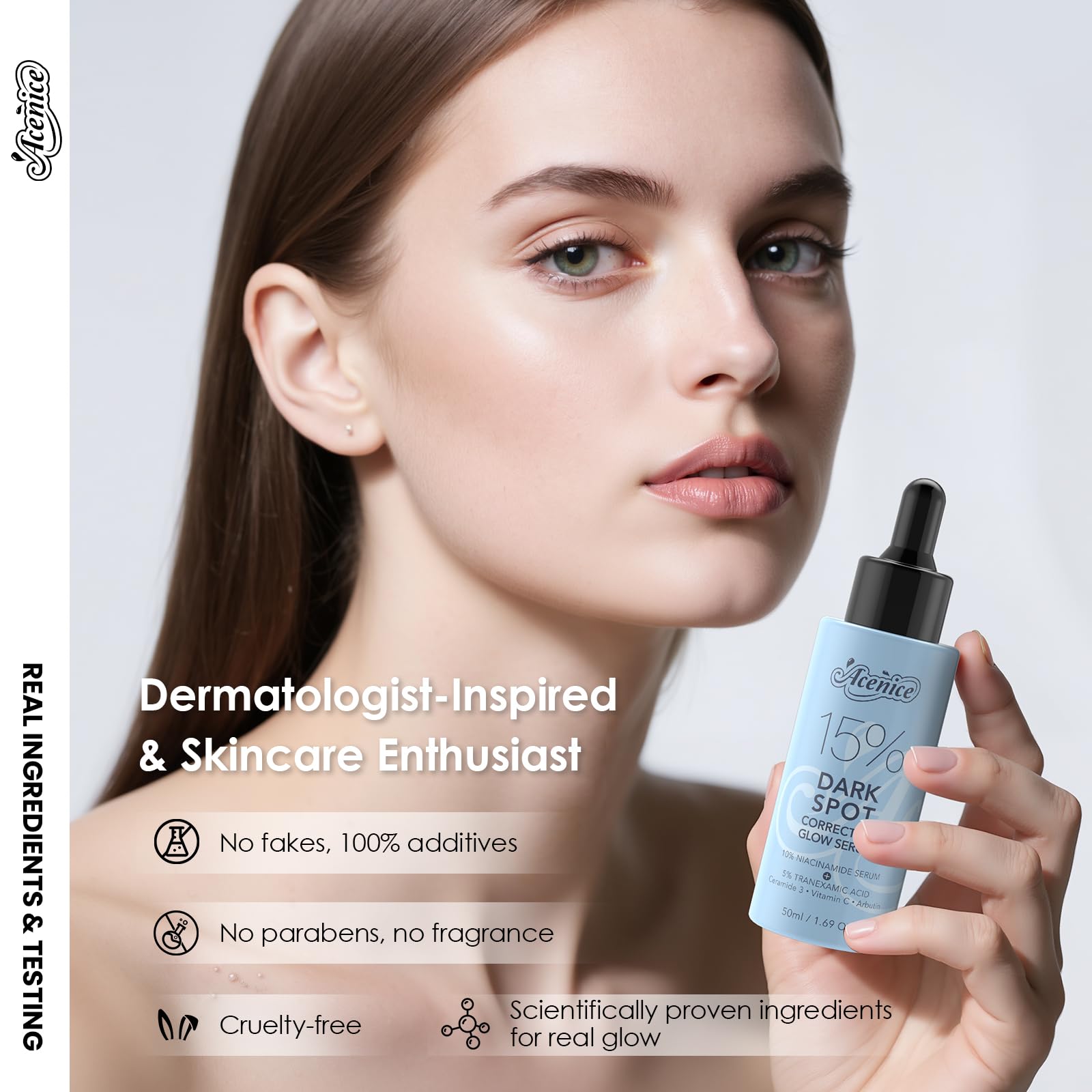 ACENICE glow serum application on hand—slip-free feel for simplified routine.