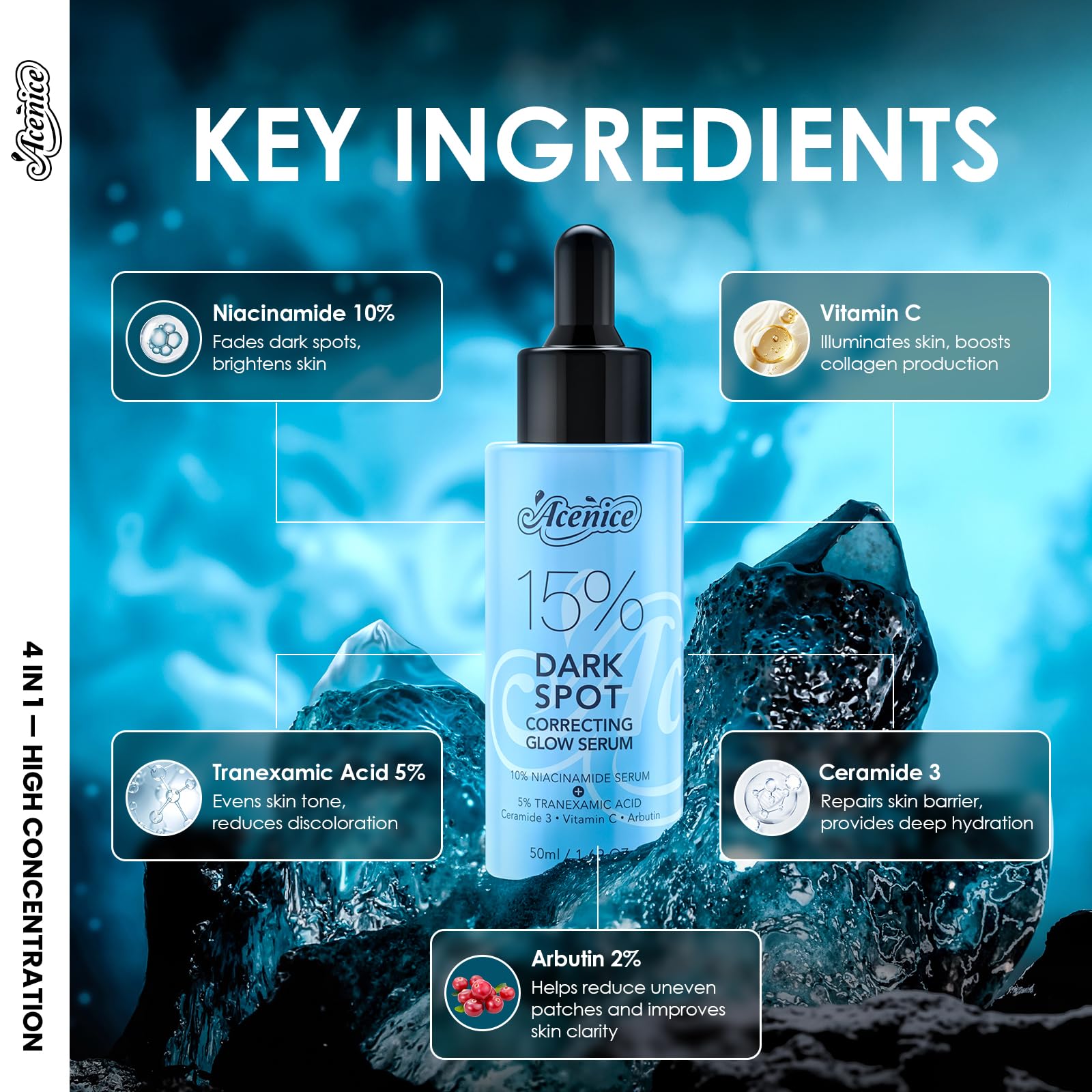 ACENICE glow serum dropper closeup—precise application for controlled dosing and care.