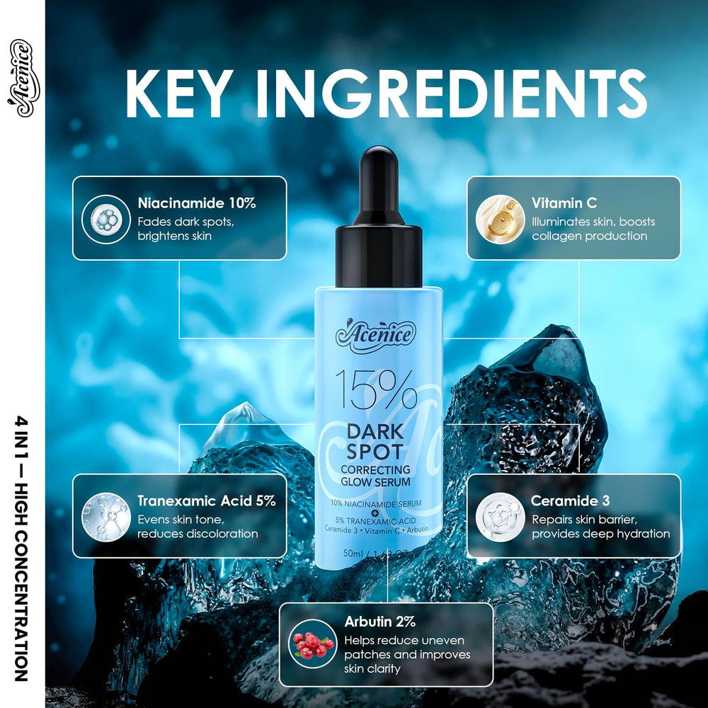 ACENICE glow serum dropper closeup—precise application for controlled dosing and care.