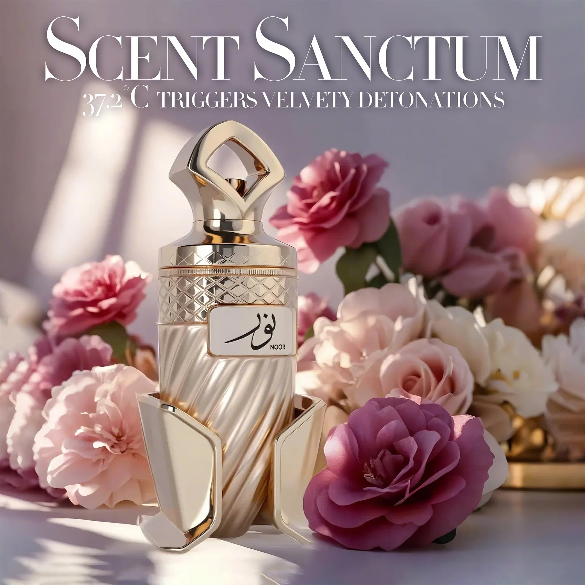 A CENTER Noor gold spoon cap on frosted bottle for photogenic luxury