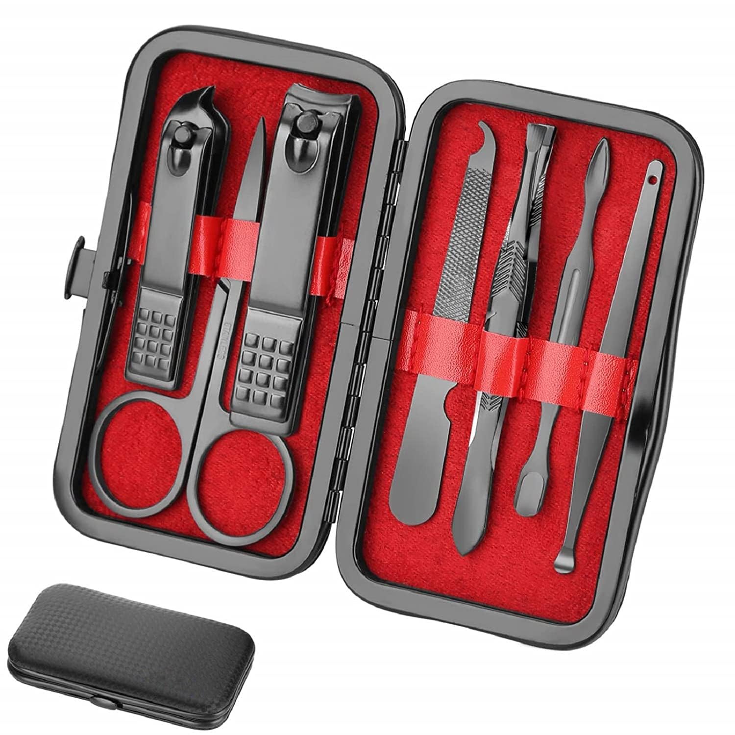 Aceoce manicure set case-open showing 7 tools for on-the-go grooming versatility.