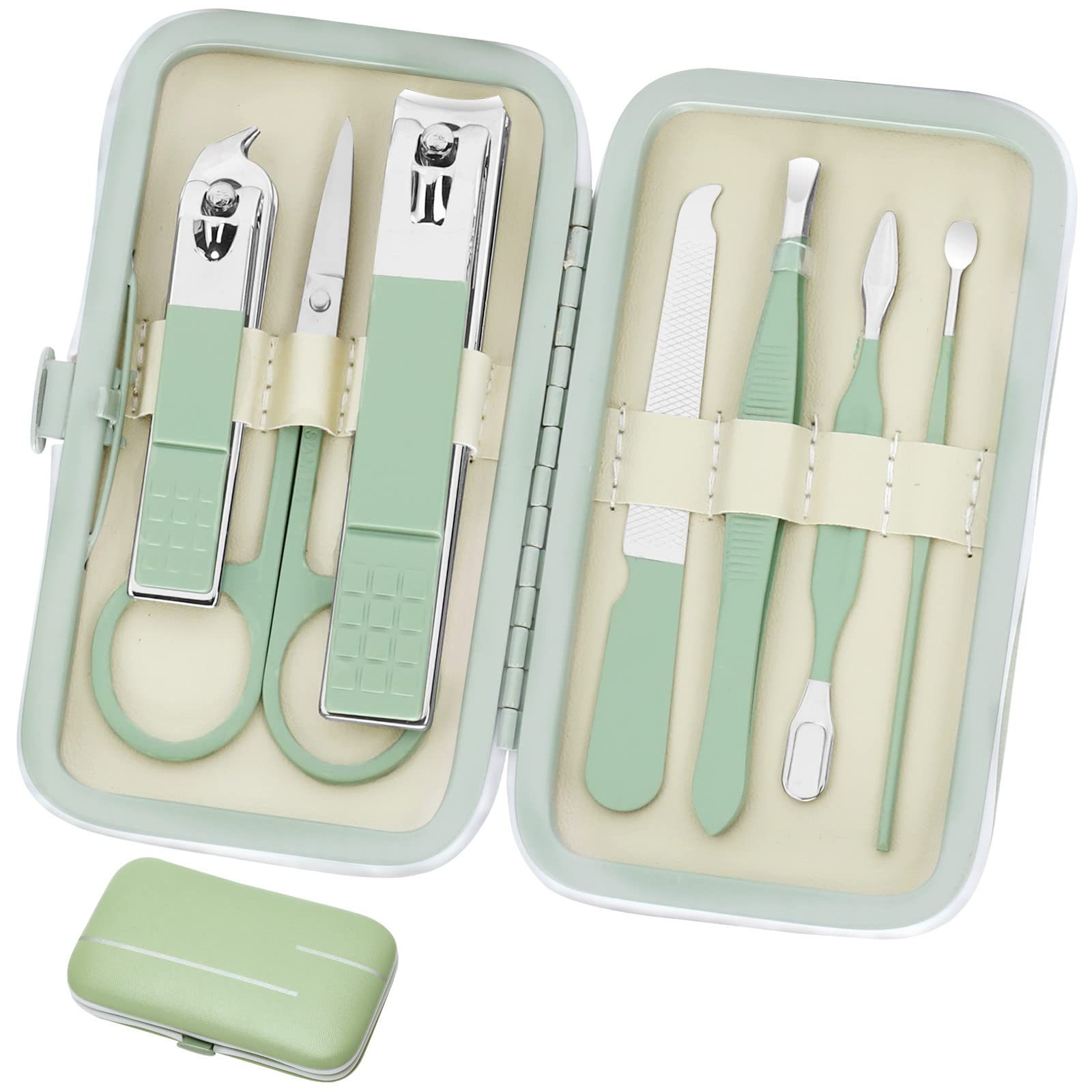 Aceoce manicure set front view highlights travel-ready case for grooming on the go.