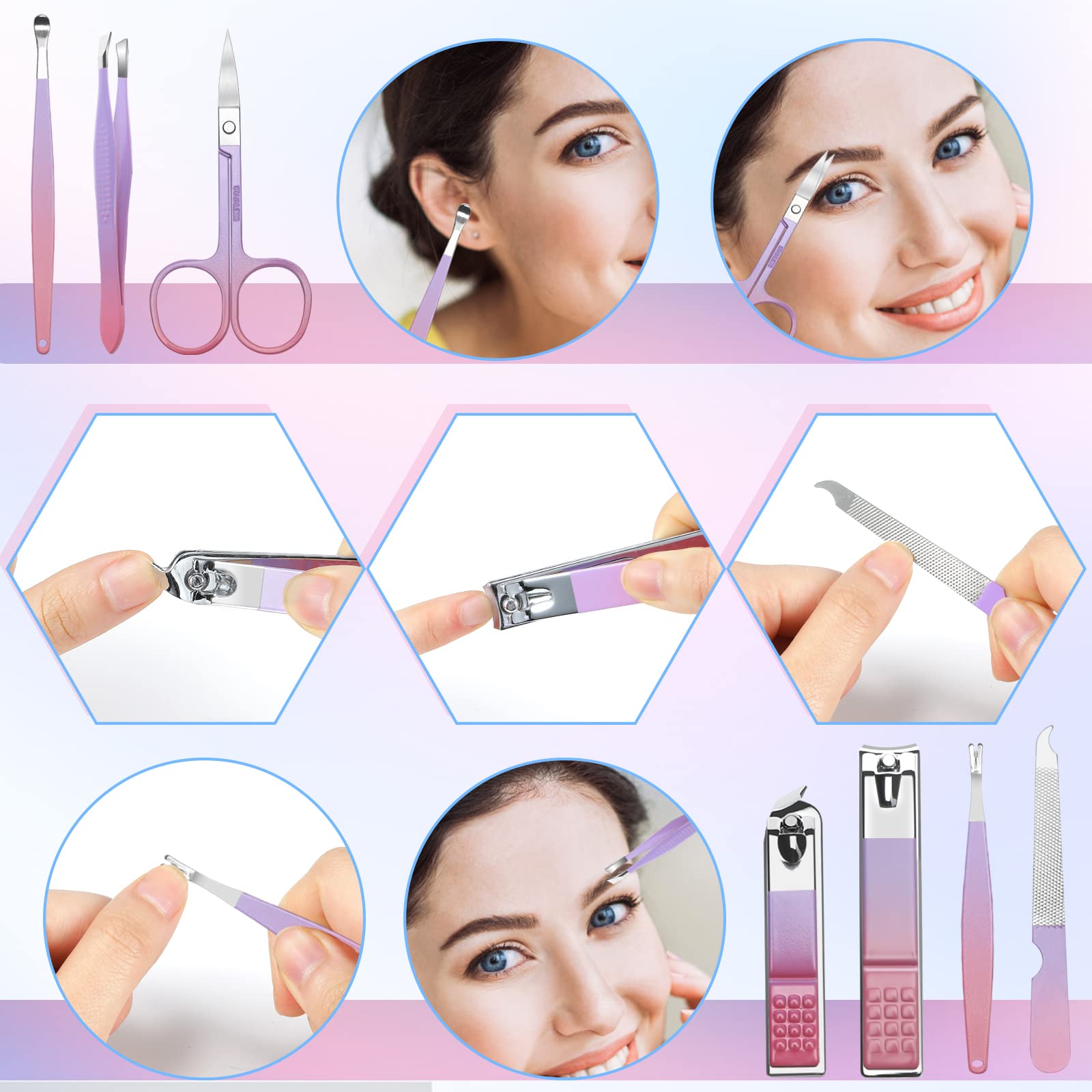 Aceoce manicure set includes seven tools neatly arranged in case.