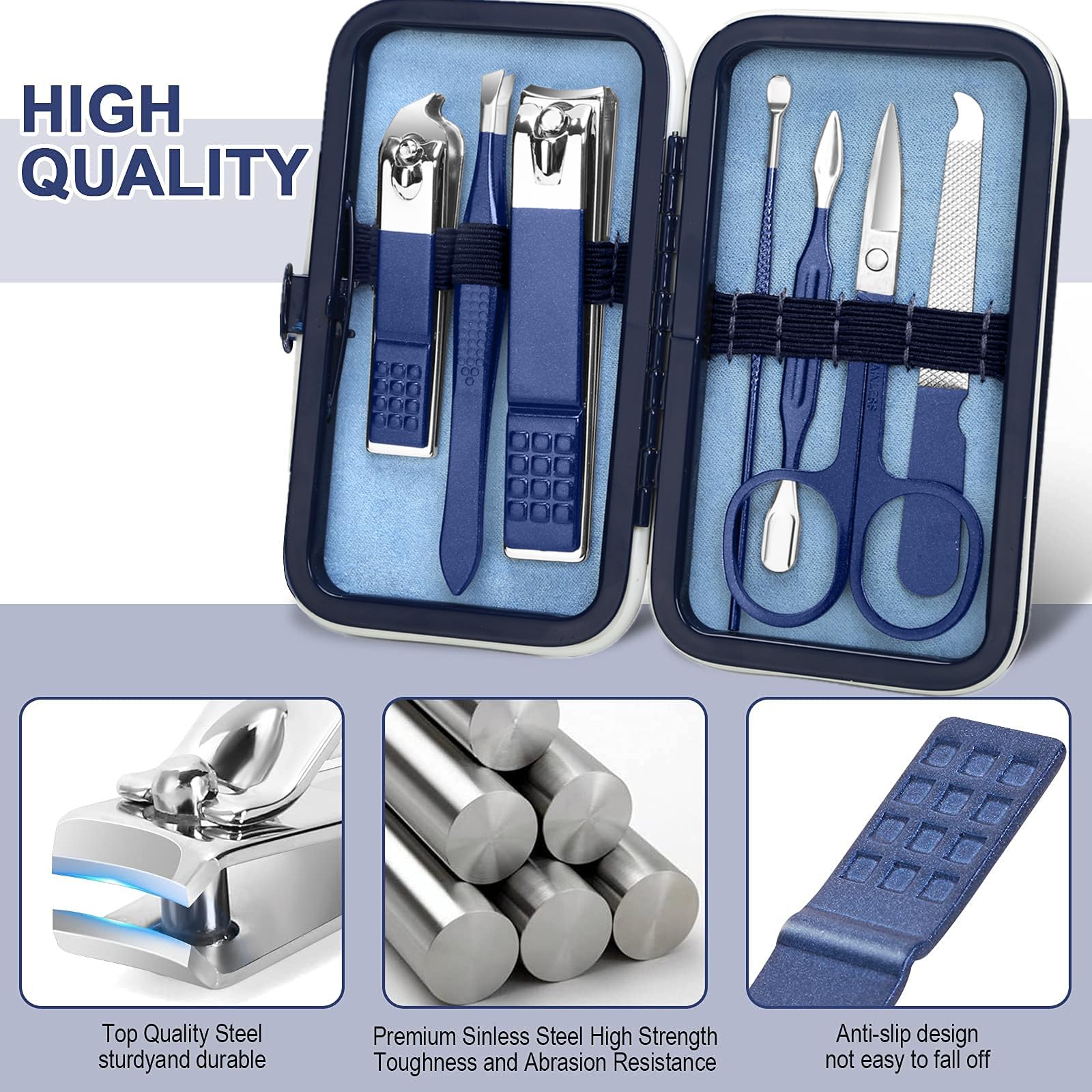 Aceoce travel manicure tools close-up showing stainless steel precision for on-the-go grooming