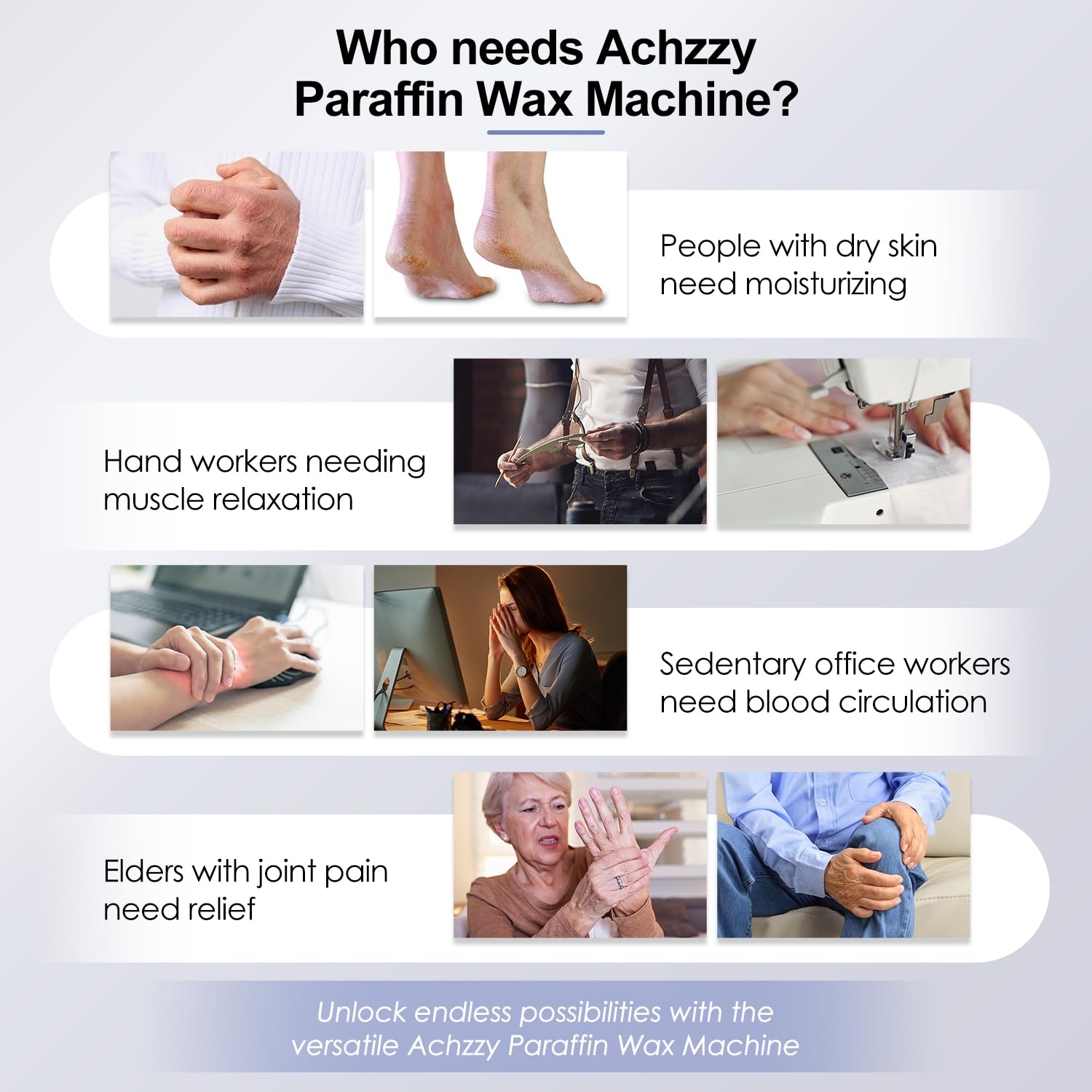 Achzzy deep-moisturizing treatment image highlights hydrated hands and feet after use.