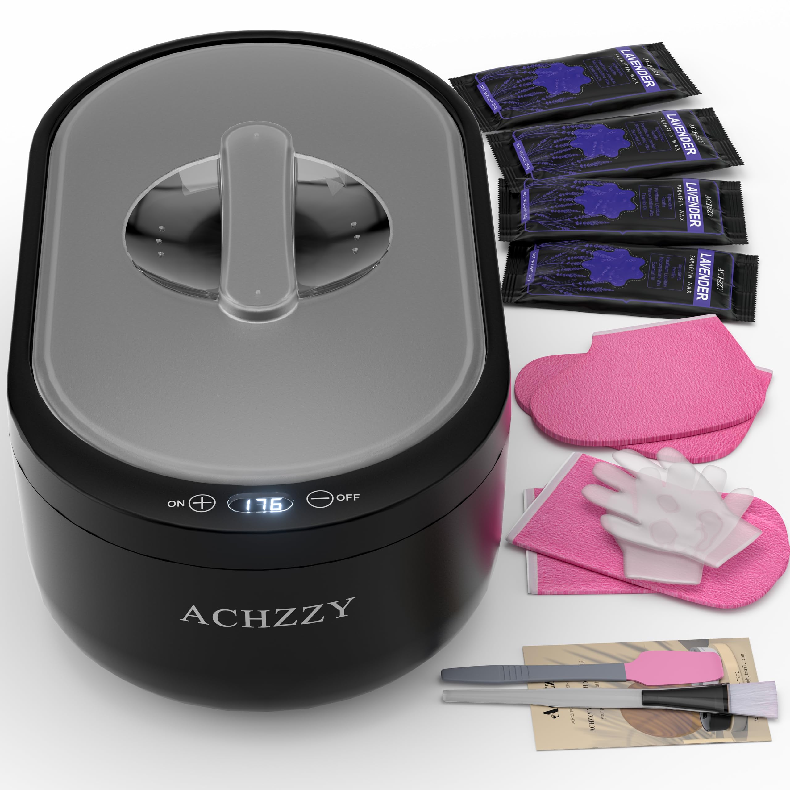 Achzzy paraffin wax machine hand and feet close-up showing temperature control panel for precise warming.