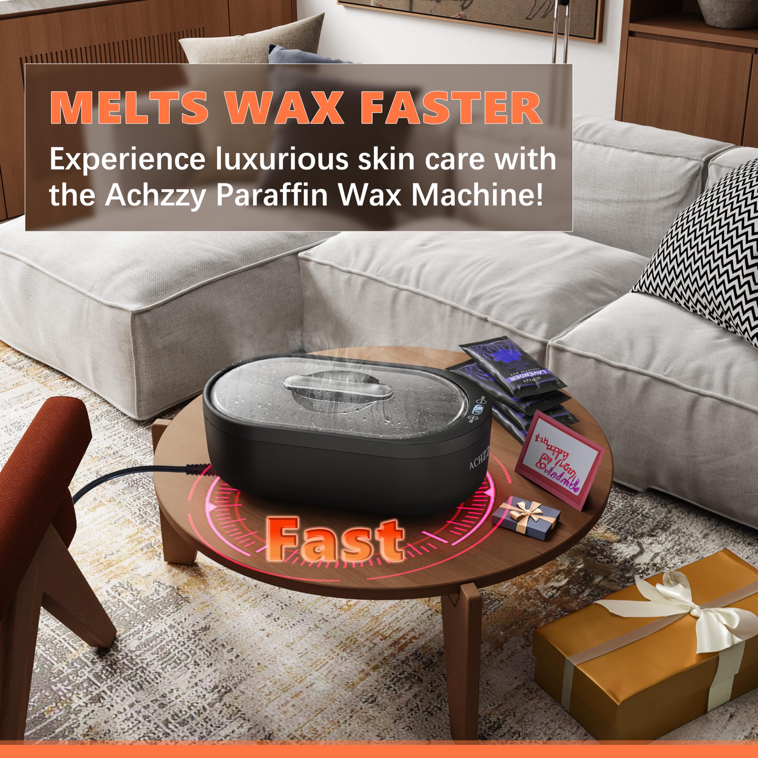 Achzzy paraffin wax machine in a cozy home spa scene for relaxation.
