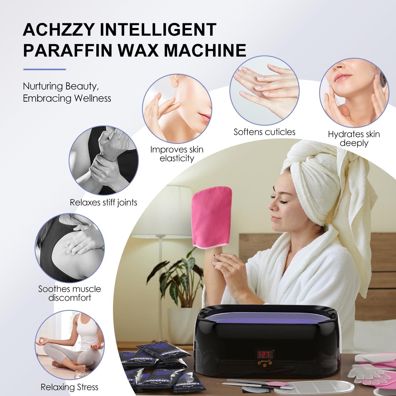 Achzzy melting action quickly reaches the desired warmth for comfortable at-home pampering.