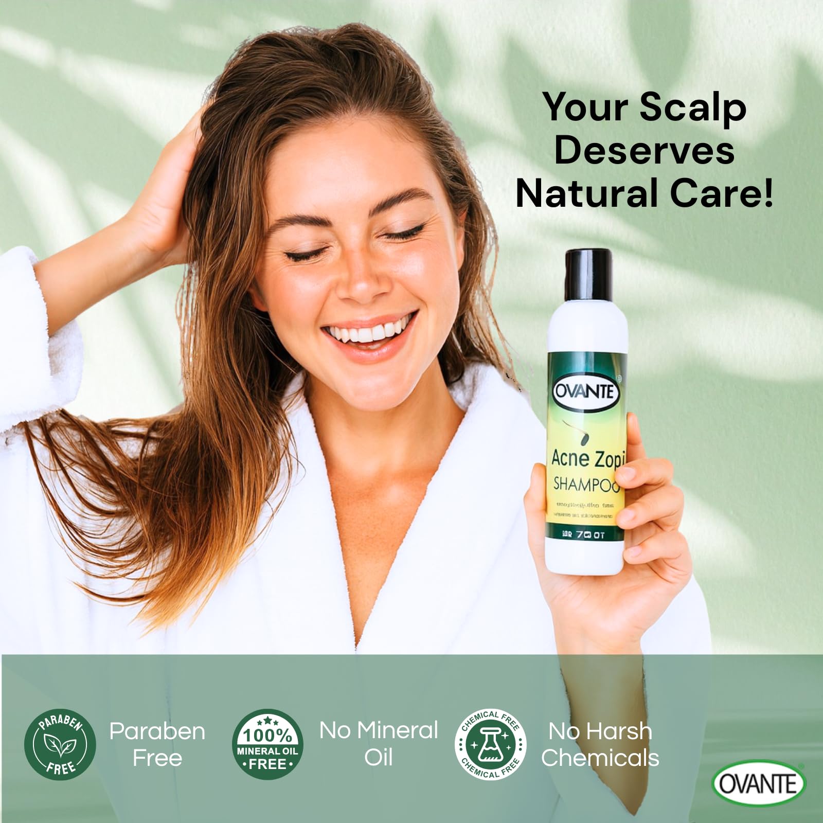 Acne Zap bottle highlighting natural formula ingredients for scalp care.