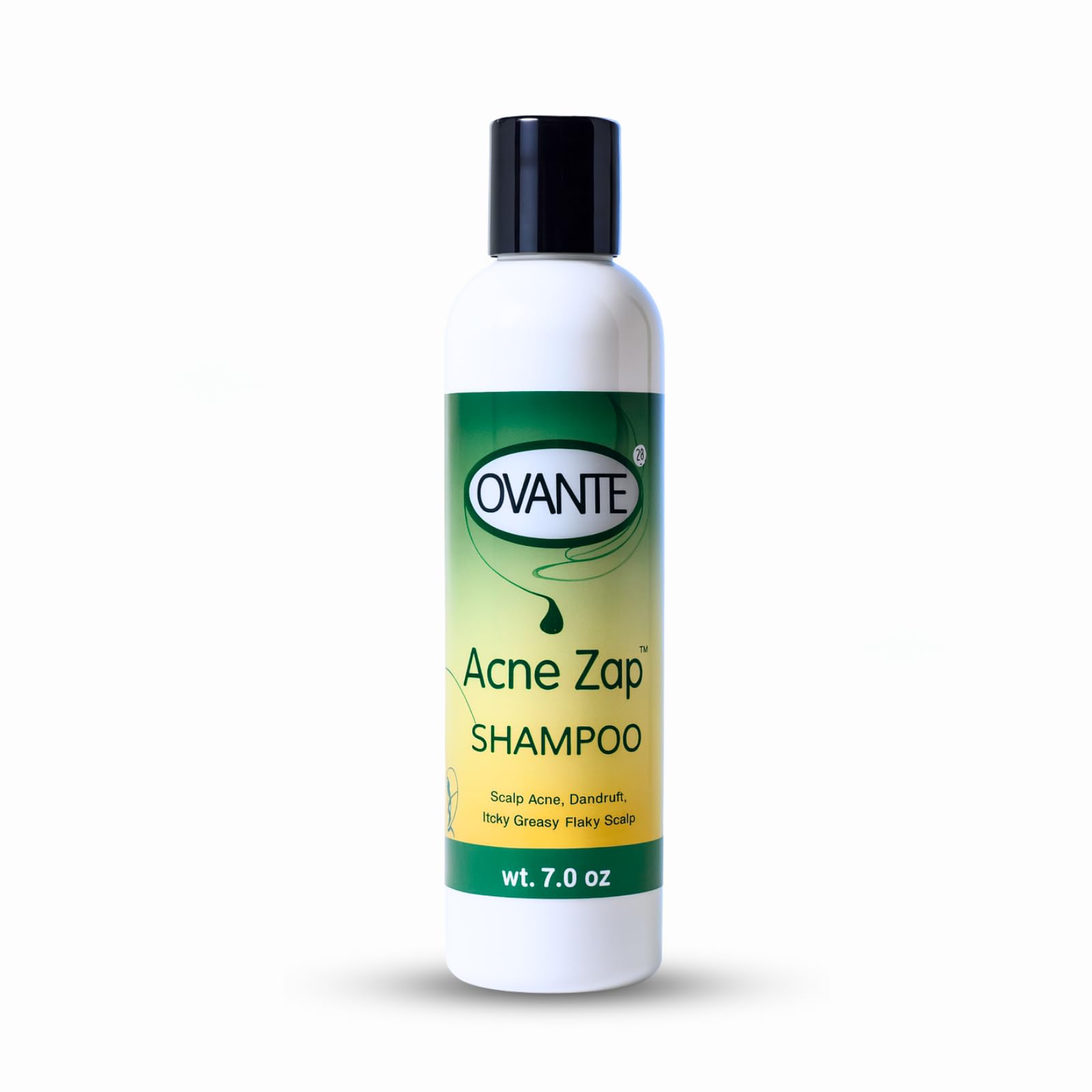 Acne Zap shampoo bottle closeup highlighting natural formula for gentle scalp care.