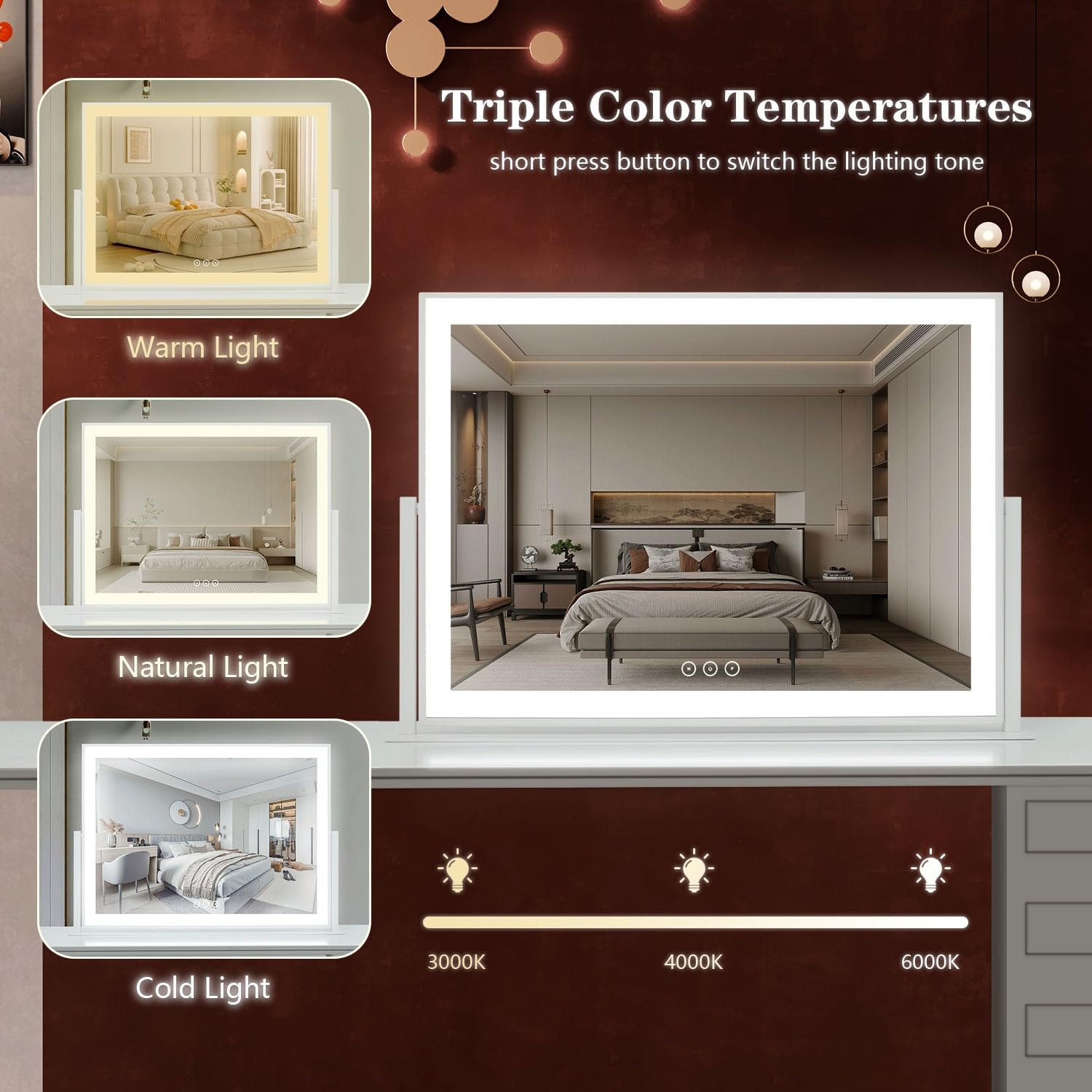 Acoolda vanity mirror rotates 360° for flexible angles and detail inspection