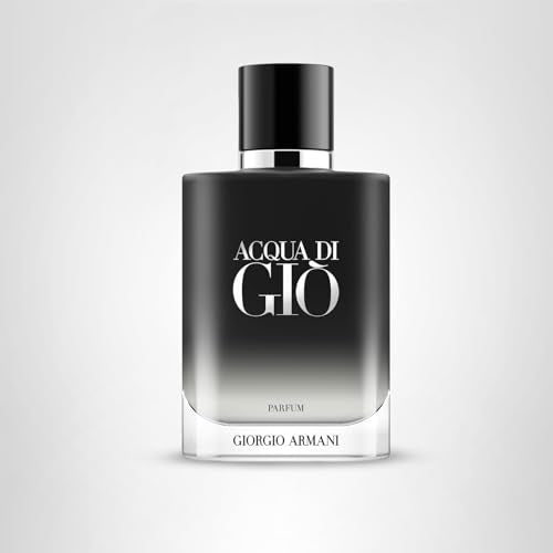 Armani Beauty Acqua di Gio Parfum brand label close-up emphasizes iconic scent identity.