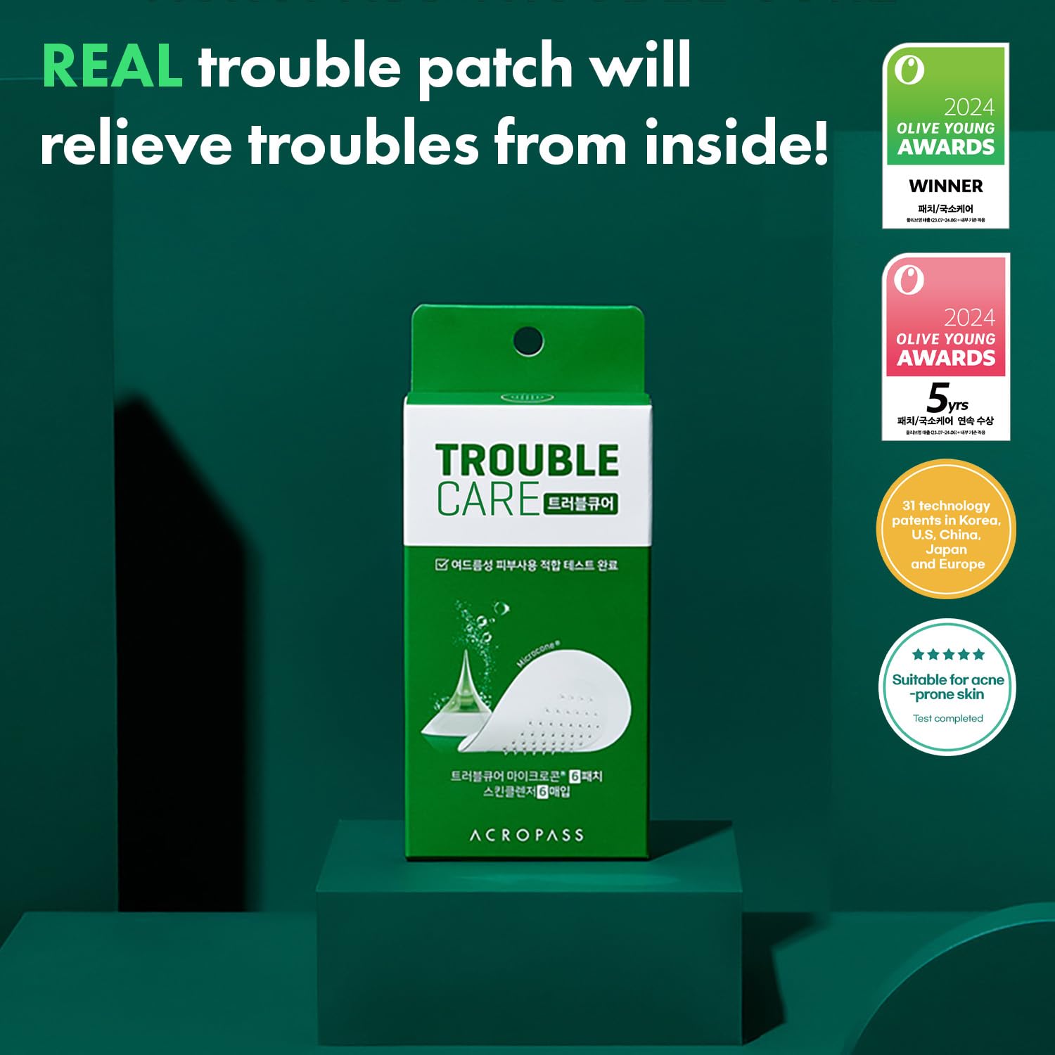Acropass Trouble Care patch highlights Niacimide boost for skin barrier support.