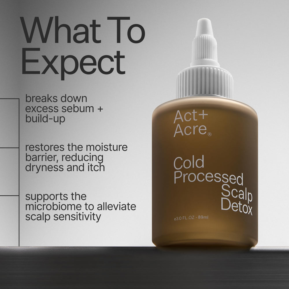 ACT+ ACRE scalp detox oil bottle closeup highlights nutrient-rich formula for scalp health.