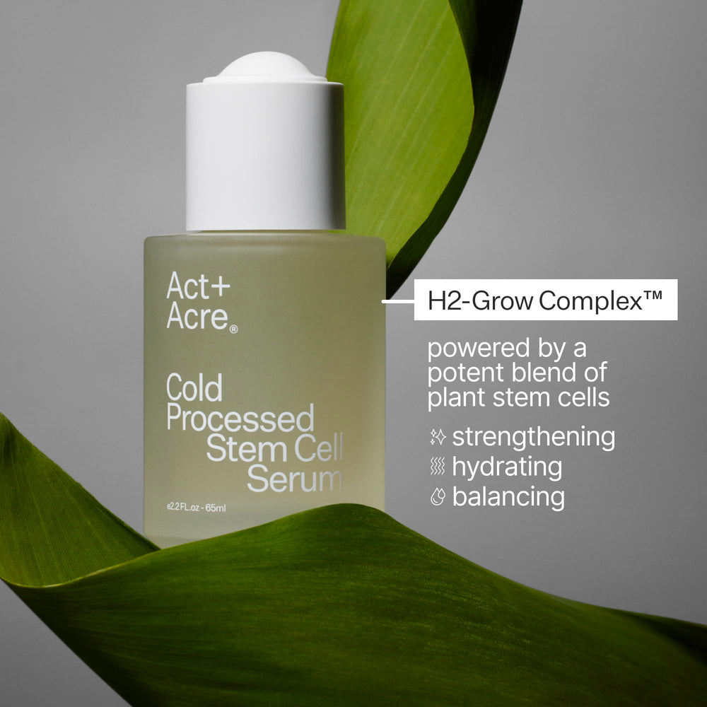 ACT+ ACRE serum on clean vanity promotes daily scalp self-care.