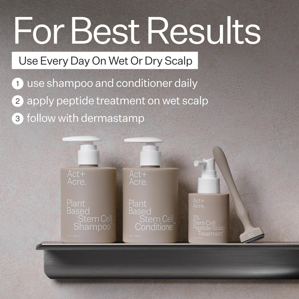 ACT+ ACRE Stem Cell Shampoo scalp application demonstrates two pumps for even distribution.