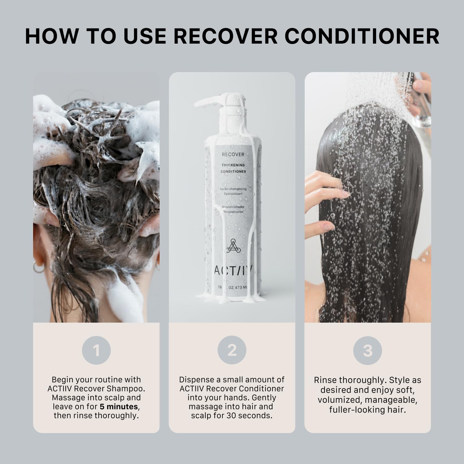ACTIIV Recover conditioner hair closeup reveals shiny, healthier-looking strands.