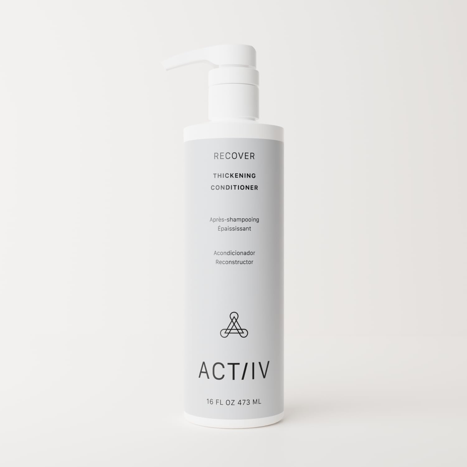 ACTIIV Recover conditioner label closeup highlights plant-based, color-safe formula for all hair types.