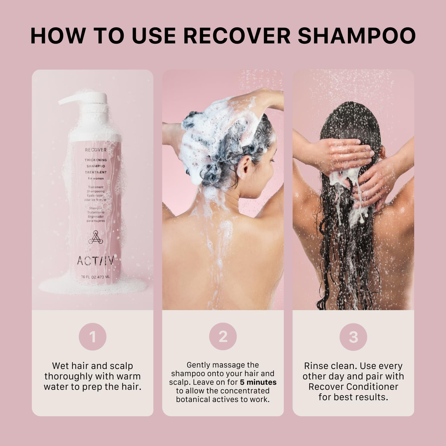 ACTIIV Recover plant-based formula close-up emphasizes vegan, color-safe hair care.