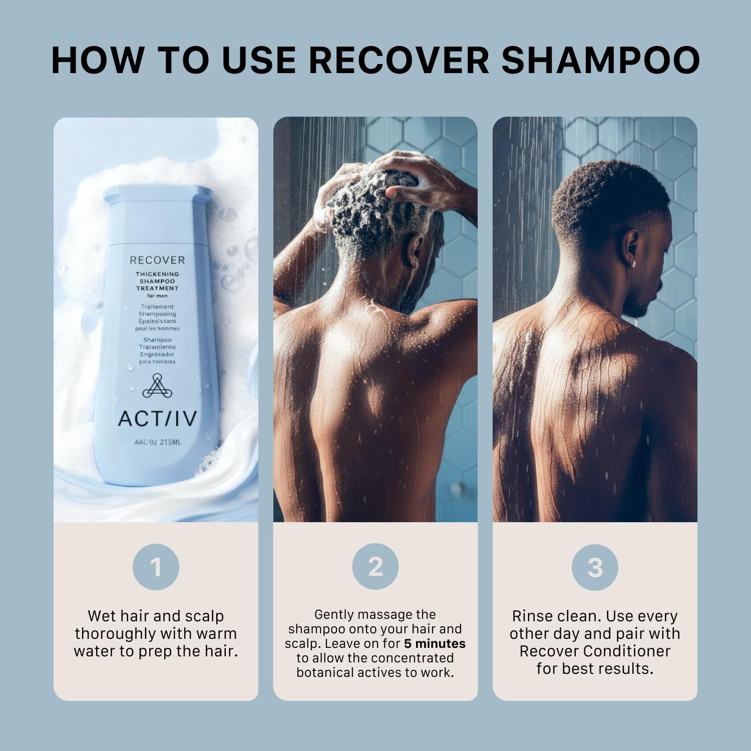 ACTIIV Recover Shampoo gentle scalp massage scene suggesting scalp health support