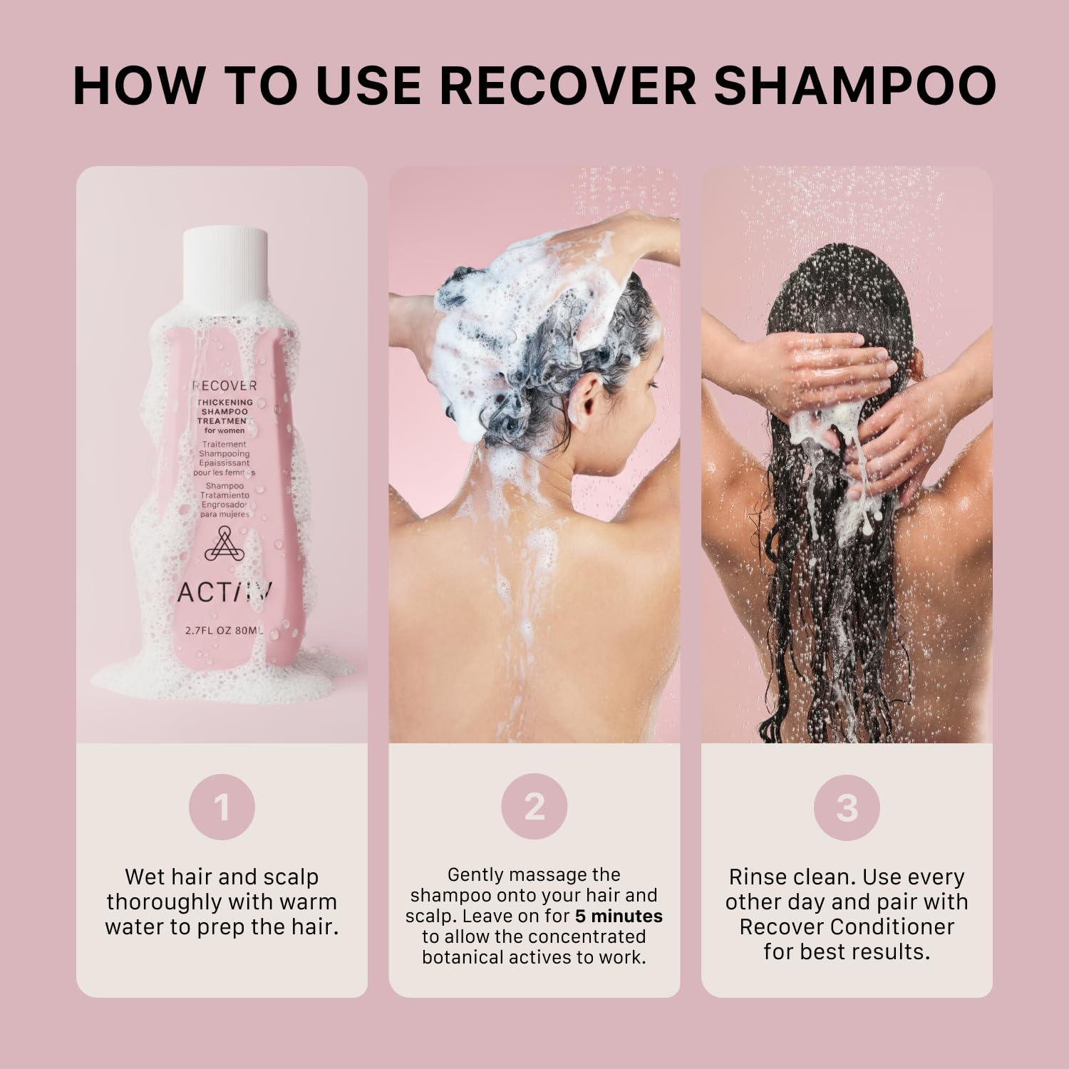 ACTIIV Recover shampoo label closeup highlights color-safe and vegan credentials.