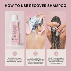 ACTIIV Recover shampoo label closeup highlights color-safe and vegan credentials.