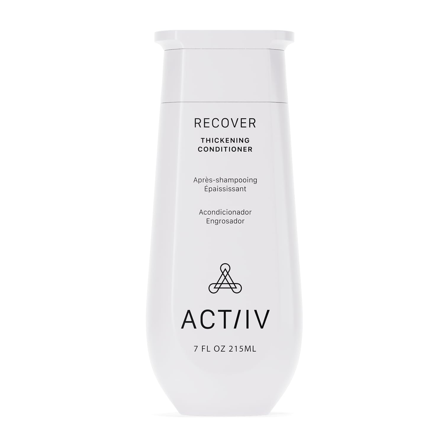ACTIIV Recover Thickening Conditioner bottle closeup highlights plant-based formula for fuller-looking hair