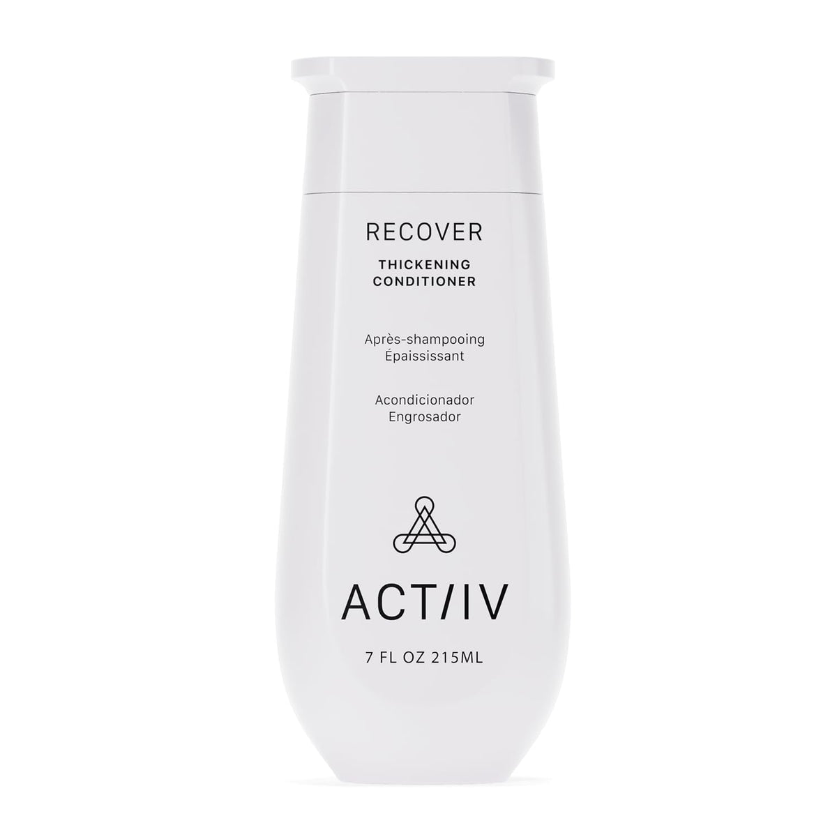 ACTIIV Recover Thickening Conditioner bottle closeup highlights plant-based formula for fuller-looking hair