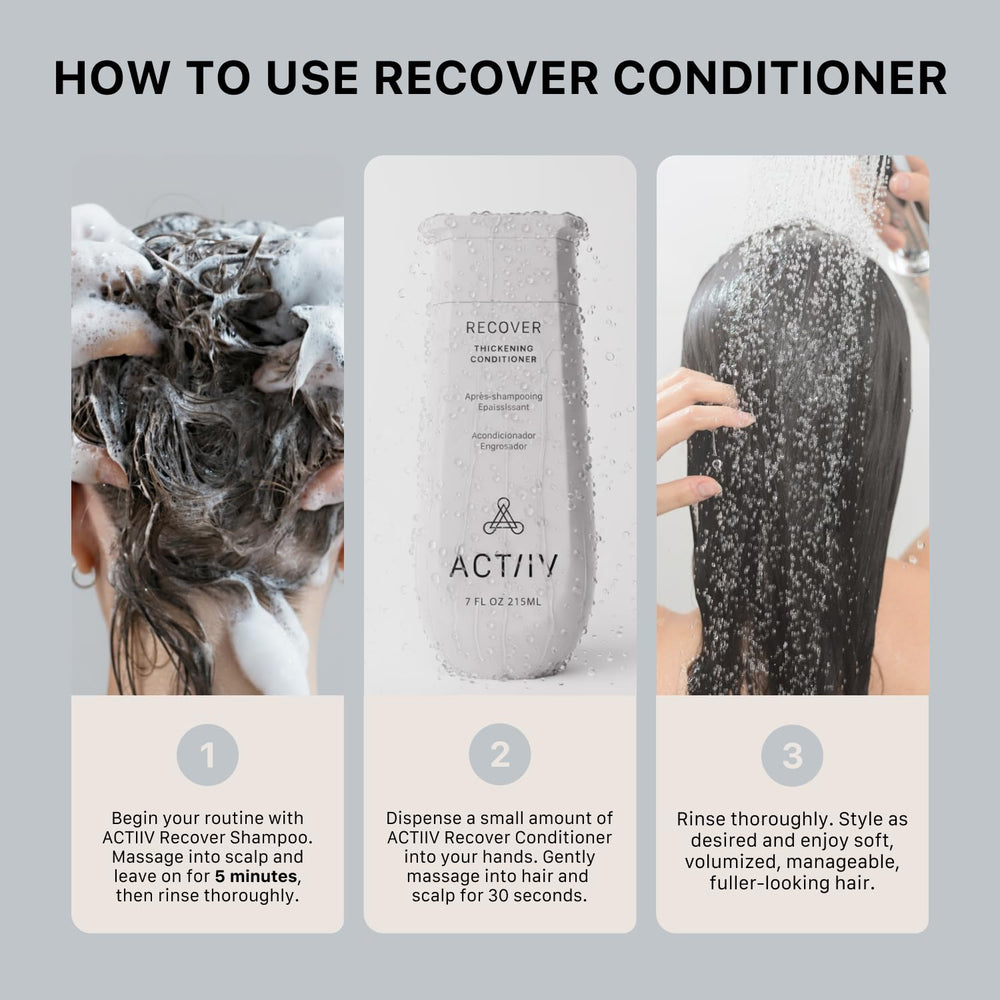 ACTIIV Recover Thickening Conditioner on hair in bathroom ready for post-shampoo routine