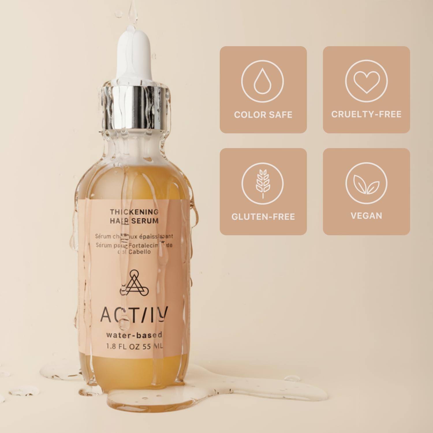 ACTIIV Thickening Hair Serum bottle signaling visible progress in six weeks.