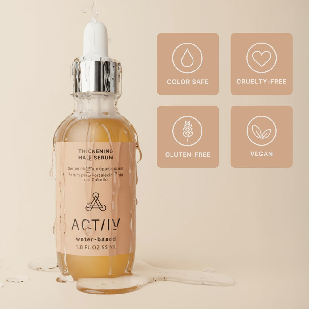 ACTIIV Thickening Hair Serum bottle signaling visible progress in six weeks.