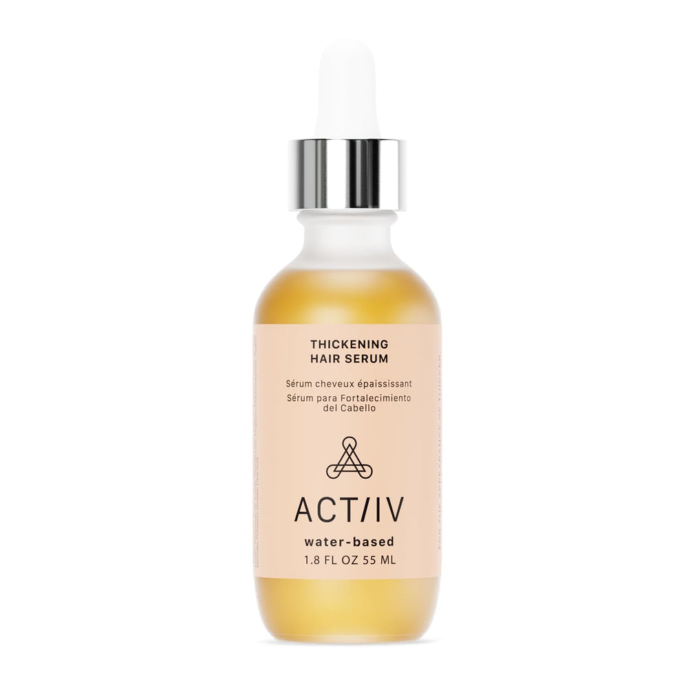 ACTIIV Thickening Hair Serum bottle close-up showing lightweight non-greasy formula for fuller hair.