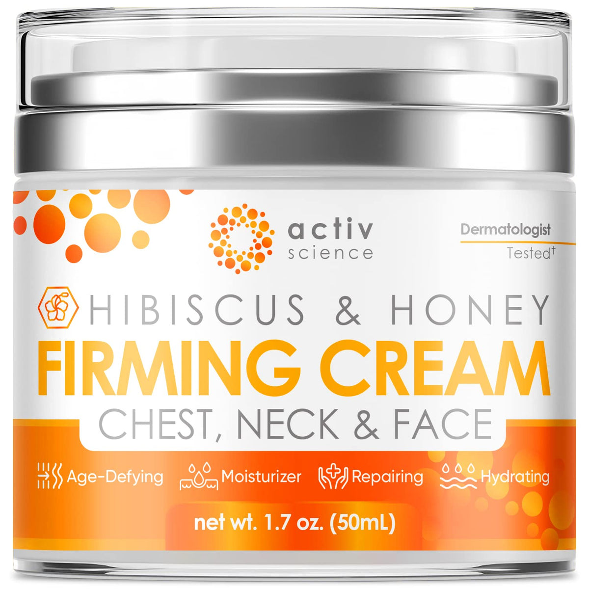 ACTIVSCIENCE Hibiscus & Honey neck cream bottle shows firming support.