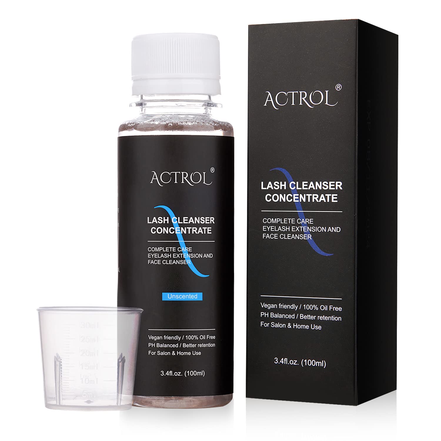 ACTROL Eyelash Cleanser Concentrate 100ml bottle closeup shows unscented formula for gentle lash care.
