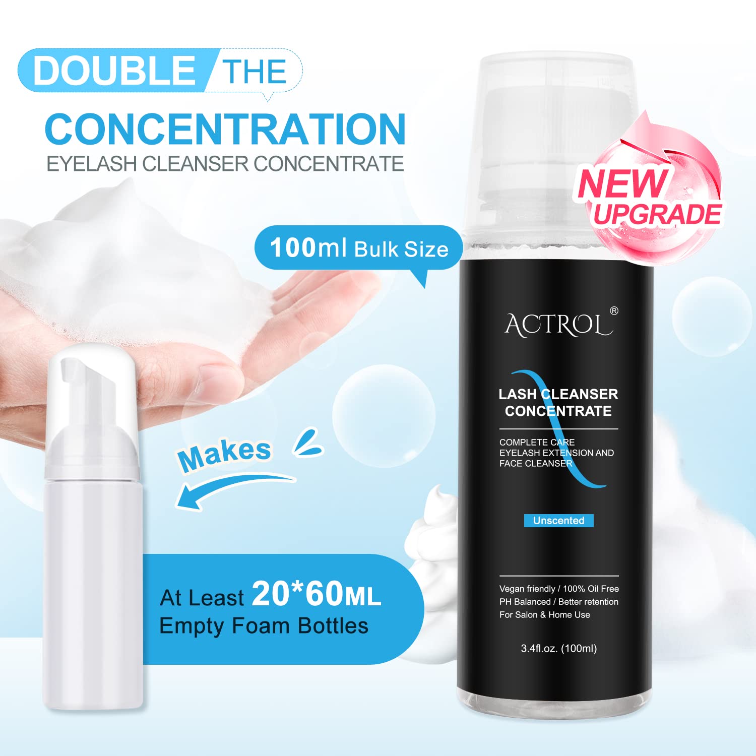 ACTROL Eyelash Cleanser Concentrate oil-free, paraben-free and sulfate-free formula emphasizes safe use.