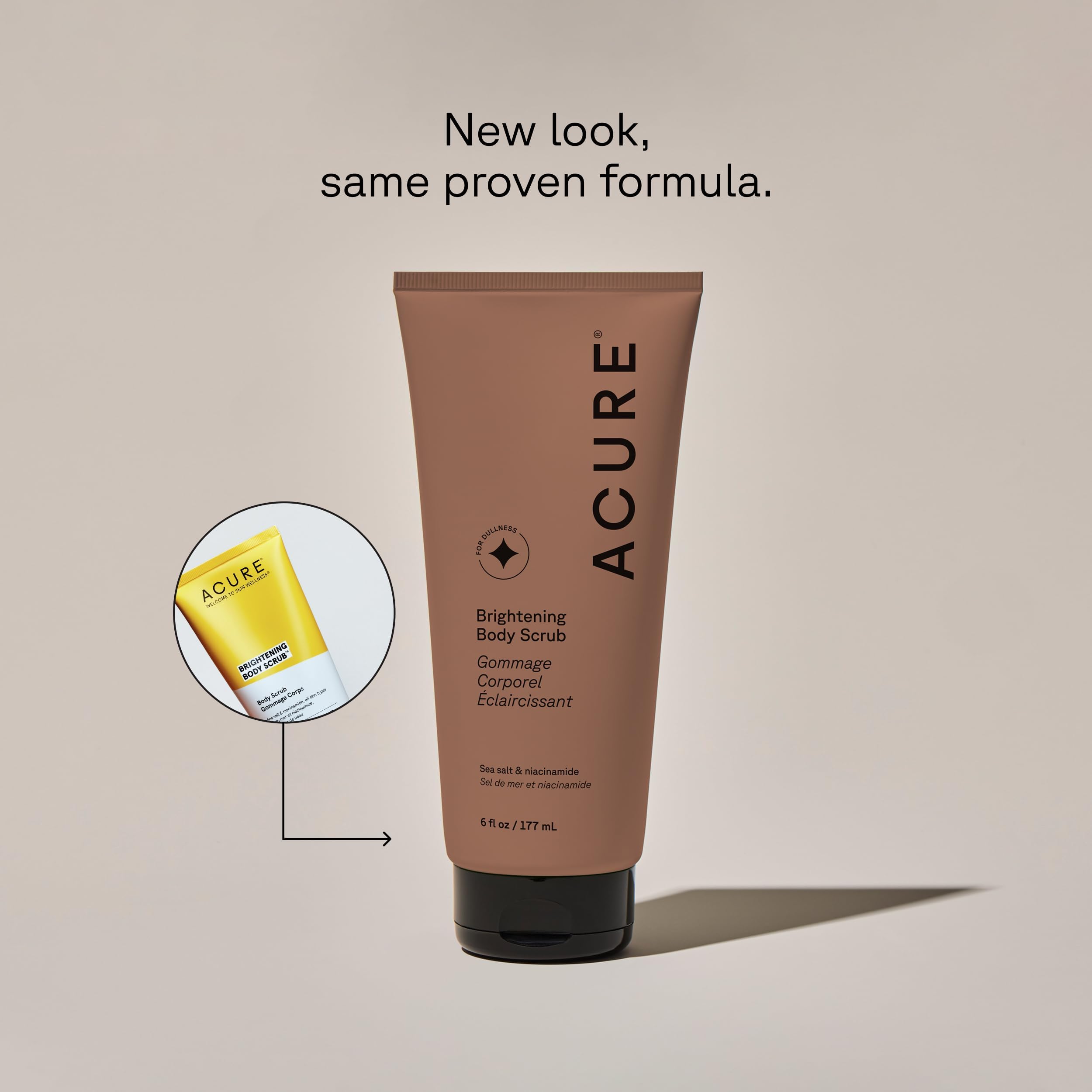 Acure Brightening Body Scrub sea salt pour illustrating gentle exfoliation for refreshed skin.