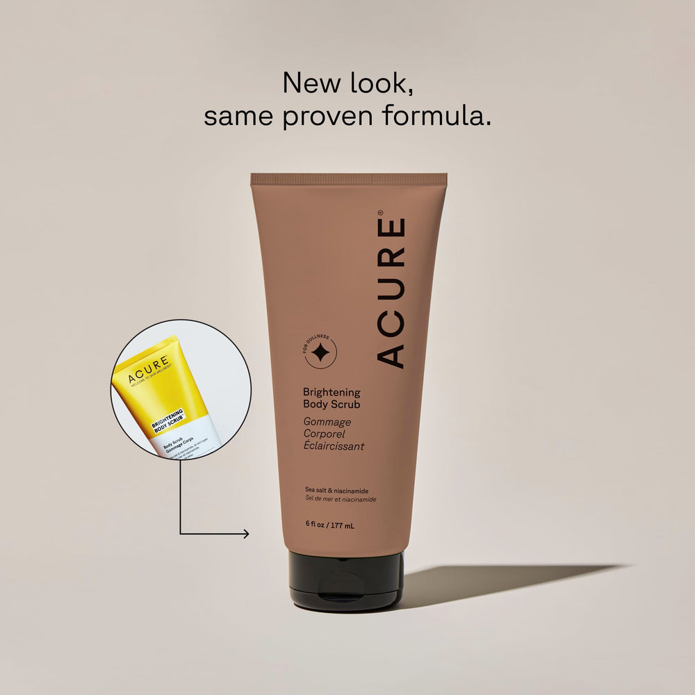 Acure Brightening Body Scrub sea salt pour illustrating gentle exfoliation for refreshed skin.